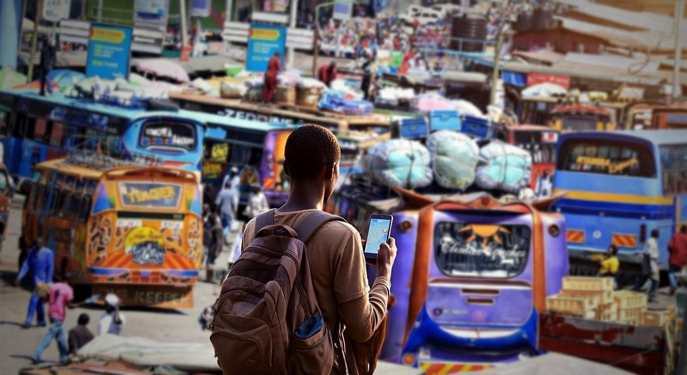Young traveler with a backpack checking directions at a busy Kenyan bus terminal